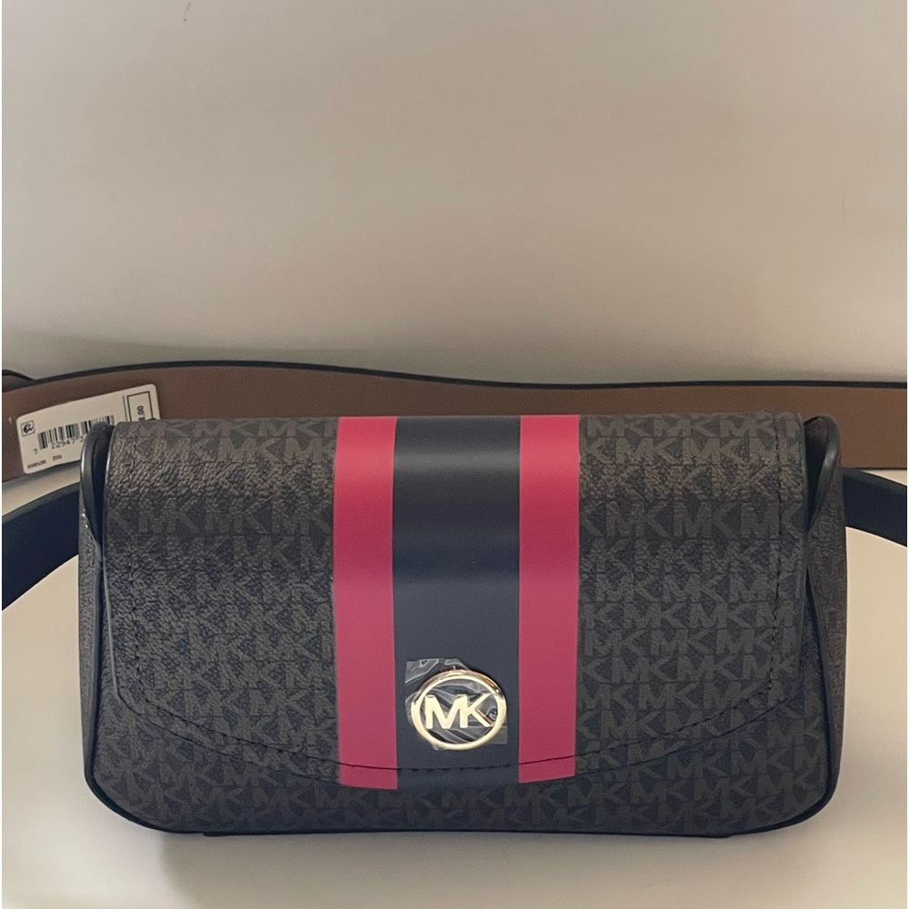 Michael Kors Brown/Black Monogram Crossbody with Pink Stripes